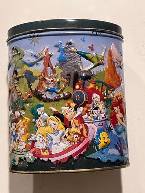 Disney Multi-Character Tin Can - Blue Background with Red Train Accent